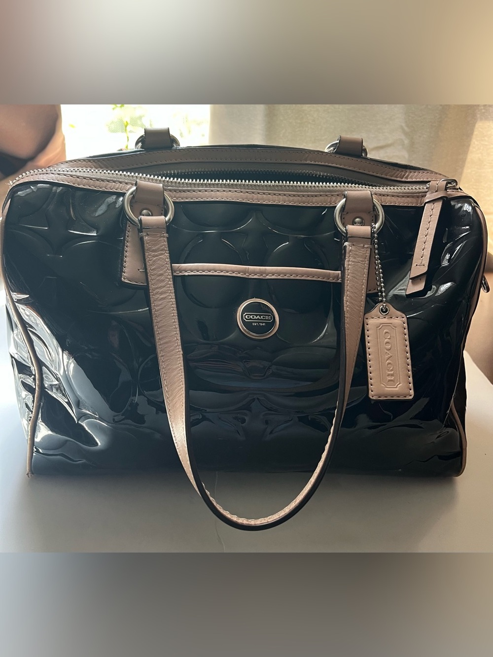 Coach Black Patent Leather Medium Satchel with Taupe Trim